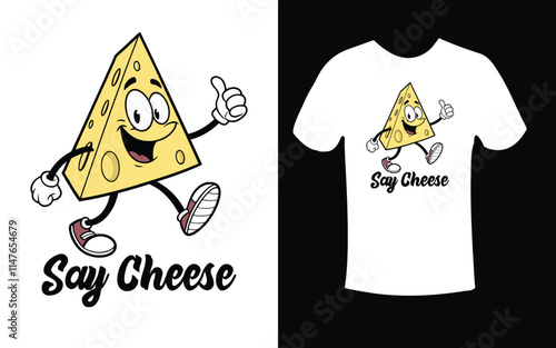 Funny Cartoon Cheese Character "Say Cheese" T-shirt Design for Food Enthusiasts and Apparel Lovers

