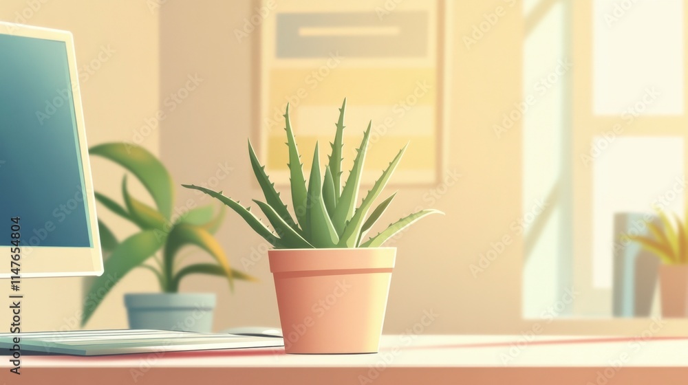 Home Office Aloe Vera Plant on Desk, Calm Workspace Home Office Aloe Vera Plant on Desk, Calm Workspace