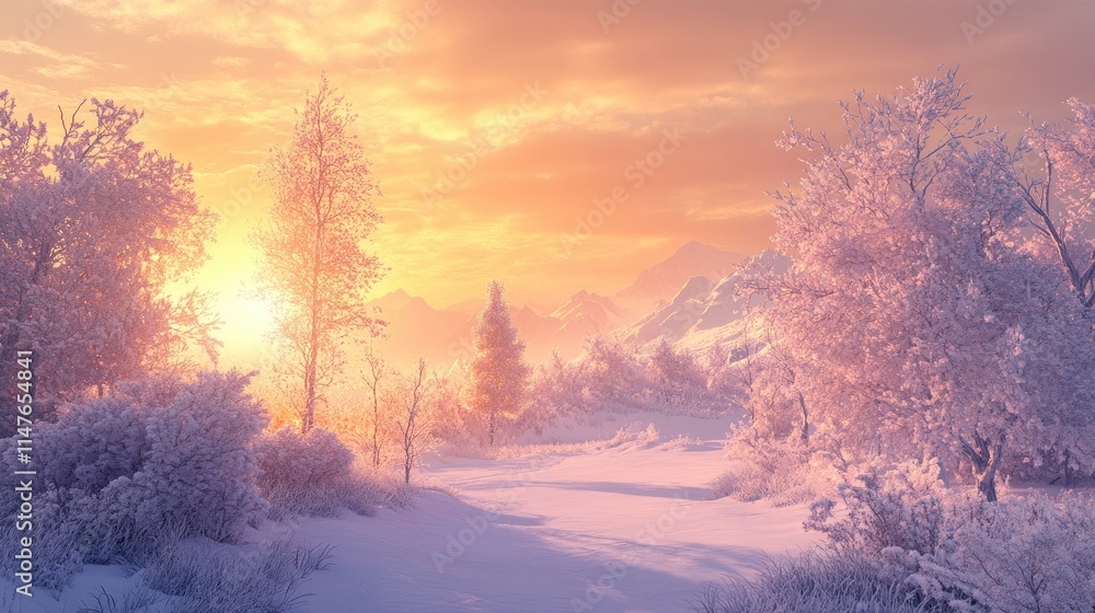 Winter sunrise illuminates a snow-covered landscape, casting warm hues over the frosty scenery, creating a serene atmosphere perfect for capturing the essence of winter. Winter sunrise illuminates a snow-covered landscape, casting warm hues over the frosty scenery, creating a serene atmosphere perfect for capturing the essence of winter.