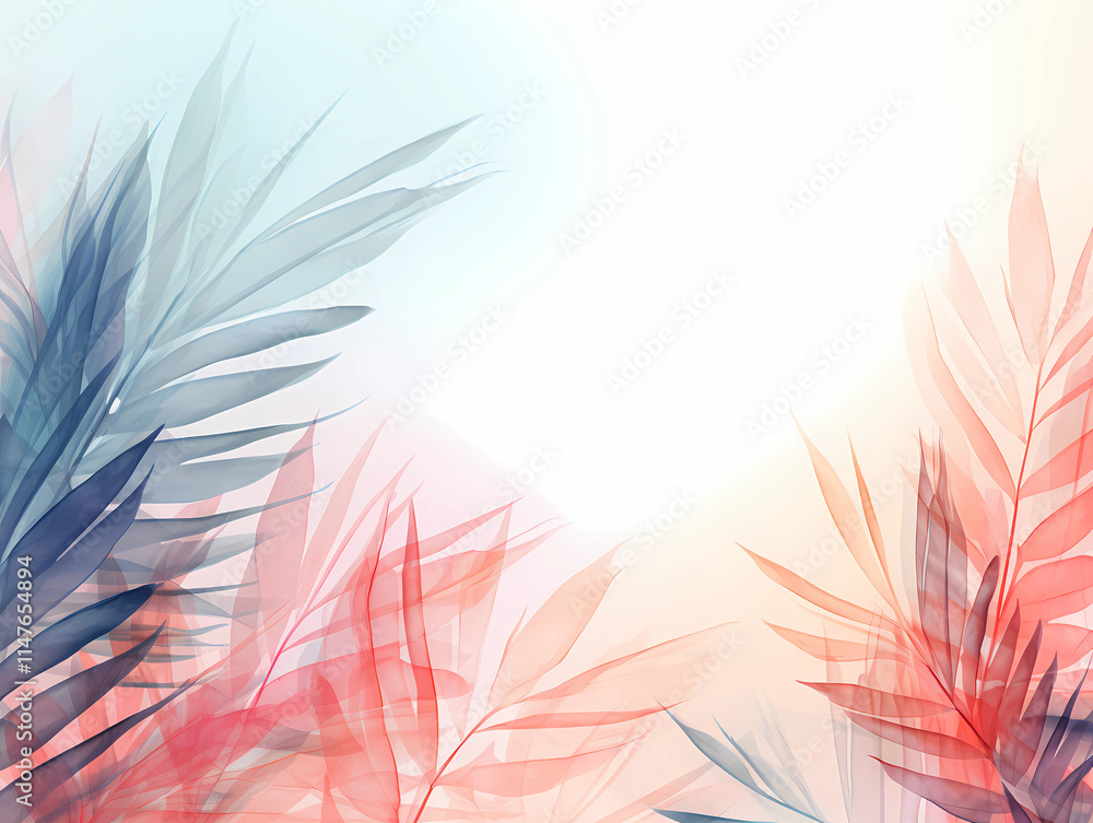 Fototapeta premium White background with tips of blue and pink palm leaves lining the background.
