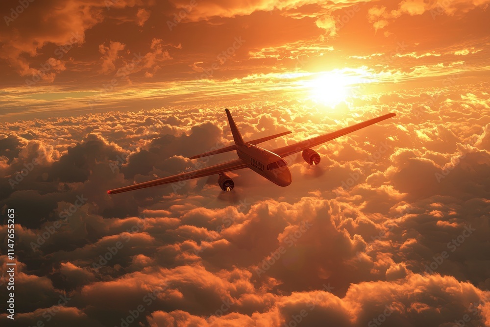 Naklejka premium A stunning aerial view of a plane flying through the clouds at sunset, showcasing vibrant colors and scenic beauty.