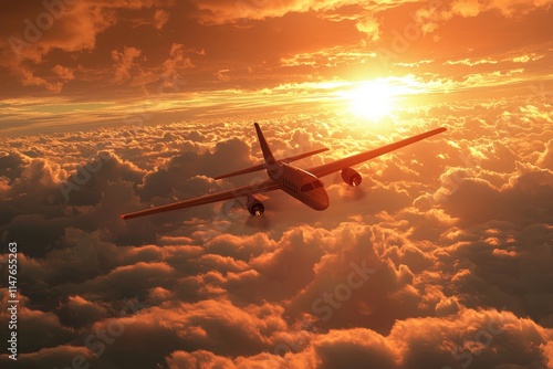 A stunning aerial view of a plane flying through the clouds at sunset, showcasing vibrant colors and scenic beauty. photo