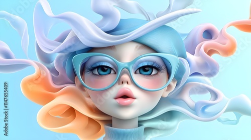 A groovy cartoon character with big, expressive eyes and a funky outfit, set against a vibrant psychedelic background photo