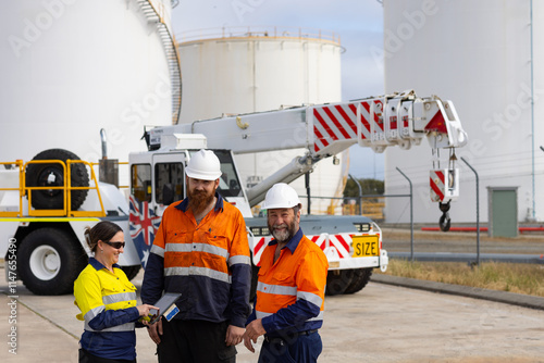 Workers working on digital tablet while standing in front of pick and carry crane machinery photo