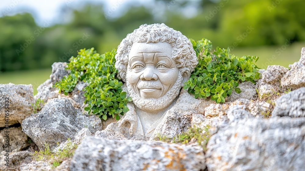 Stone bust of a man's head nestled among rocks and greenery in a garden. Stone bust of a man's head nestled among rocks and greenery in a garden.