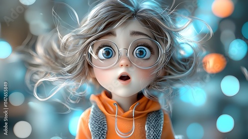 A groovy cartoon character with big, expressive eyes and a funky outfit, set against a vibrant psychedelic background photo