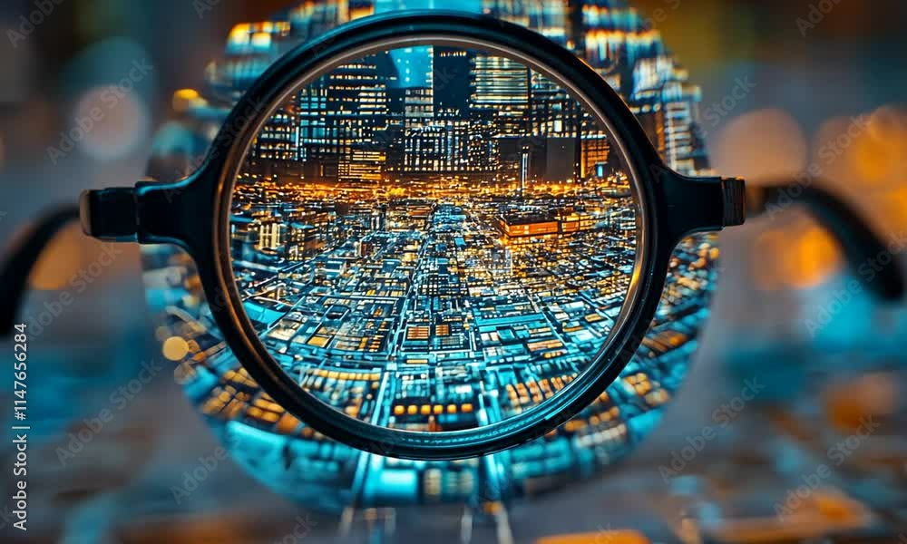 A cityscape viewed through a magnifying glass, showcasing lights. A cityscape viewed through a magnifying glass, showcasing lights.
