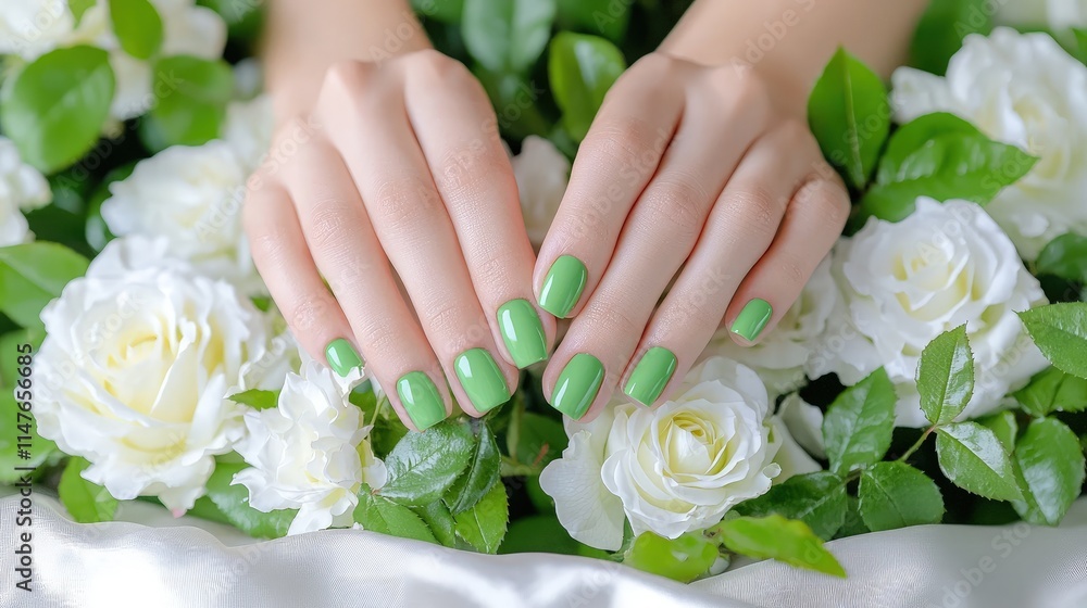 Woman's hands with pastel green nail polish nestled amongst white roses. Woman's hands with pastel green nail polish nestled amongst white roses.