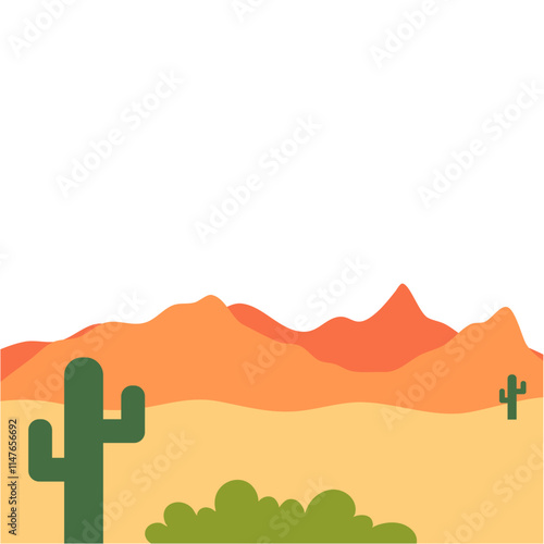 Desert landscape with green cactus and bush. Beautiful nature background.