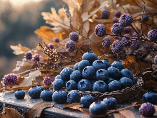 blueberries huckleberries harvested late autumn respective bushes fall photo