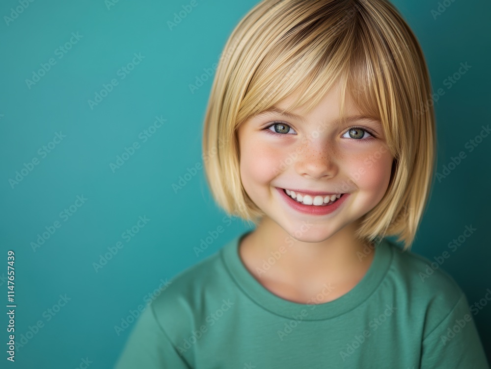 A young girl with blue eyes and blonde hair smiles gently, her innocence framed by a soft blue background and turquoise background. A young girl with blue eyes and blonde hair smiles gently, her innocence framed by a soft blue background and turquoise background.