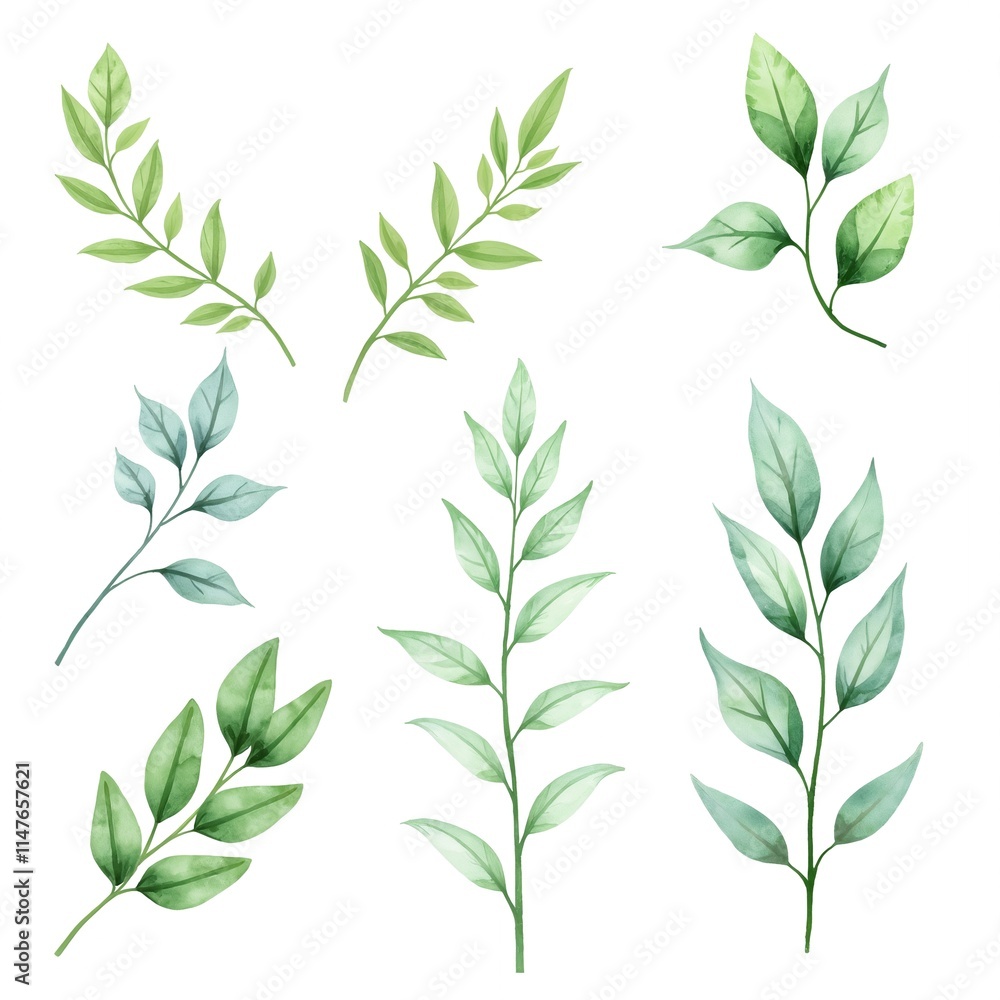 Fototapeta premium Watercolor botanical illustration featuring hand-painted green leaves and branches. The artwork showcases various leaf shapes and textures with vibrant shades of green on a clean white background.