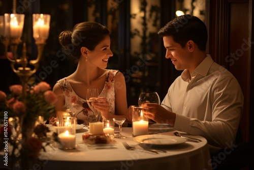 An elegant dinner scene features a softly lit table with fine china and delicate floral arrangements, as couples savor a gourmet meal in a romantic setting.