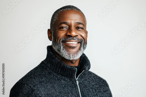 An elderly black African man in his 60s or 70s exudes health and confidence, his joyful spirit captured in a bright smile that reflects his vibrant energy.