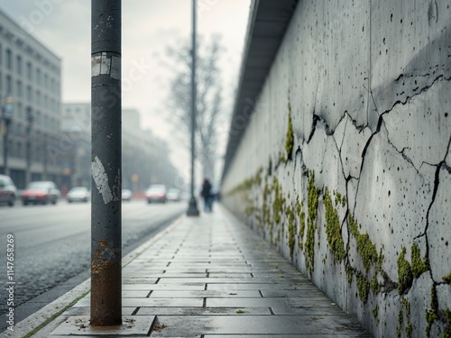 sidewalk pole with long concrete wall and street background for text area photo