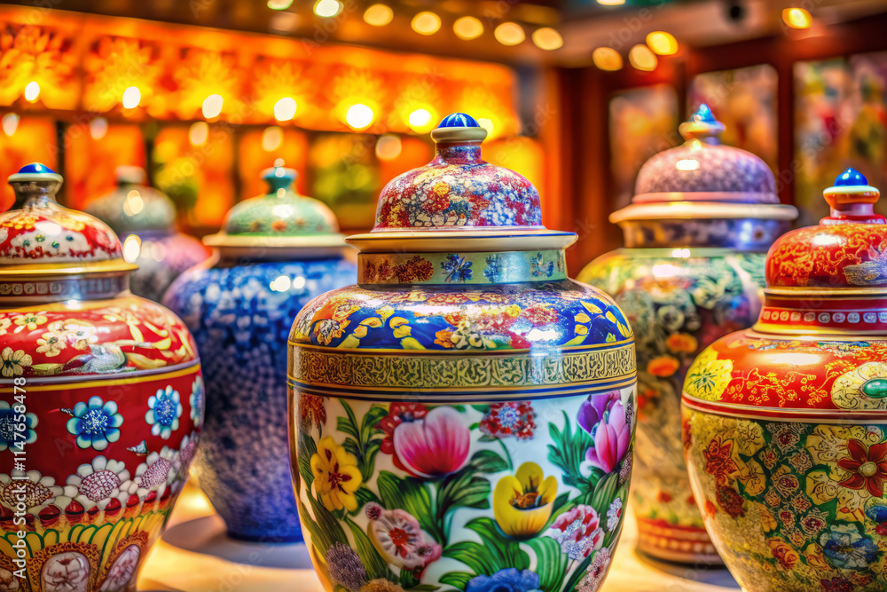 Vibrant ceramic jars showcase intricate designs and colors, reflecting traditional artistry. These luminous pieces add elegance and charm to any decor Vibrant ceramic jars showcase intricate designs and colors, reflecting traditional artistry. These luminous pieces add elegance and charm to any decor