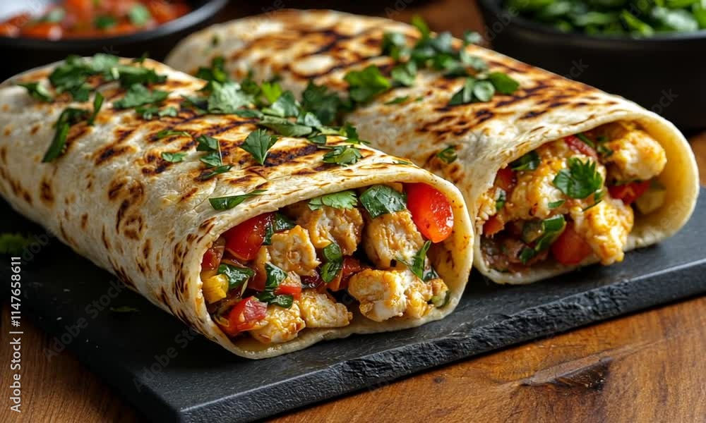 Grilled chicken burritos garnished with fresh cilantro and vegetables. Grilled chicken burritos garnished with fresh cilantro and vegetables.