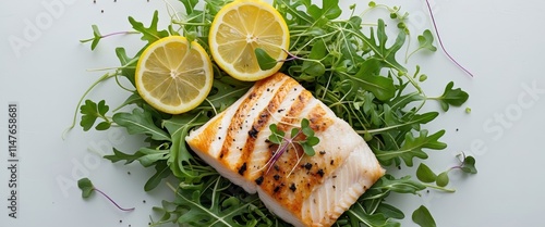 Grilled fish fillet served on arugula with lemon slices and fresh garnishes photo