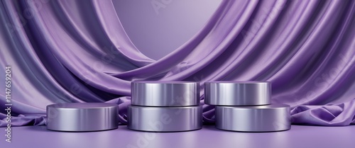 Three Cylindrical Platforms and Wavy Purple Fabric Backdrop photo