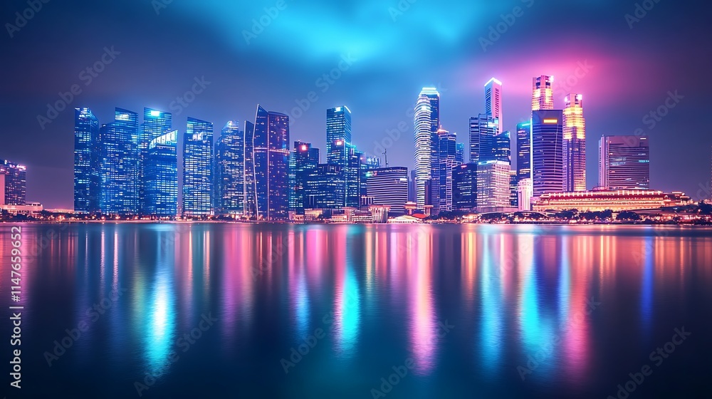 Vibrant cityscape at night, reflecting in calm water. Vibrant cityscape at night, reflecting in calm water.