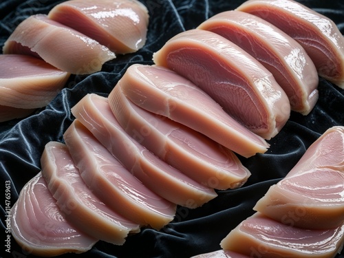 Fresh Raw Chicken Breast Fillet Slices on Dark Background photo