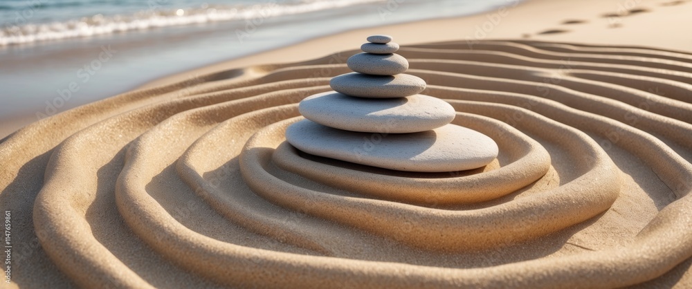 Naklejka premium Stacked stones create a serene focal point in rippled sand at the beach