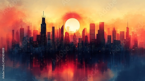 City skyline reflected, sunset, vibrant colors.