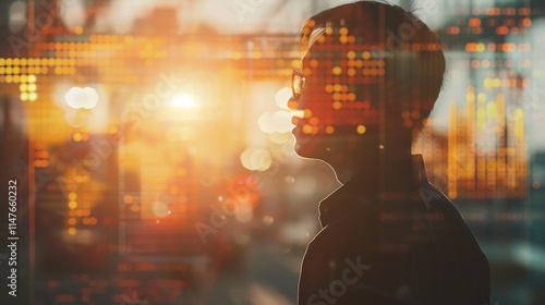 Silhouette of a supply chain manager tracking shipments on a digital network interface, soft ambient light, side profile, photorealistic