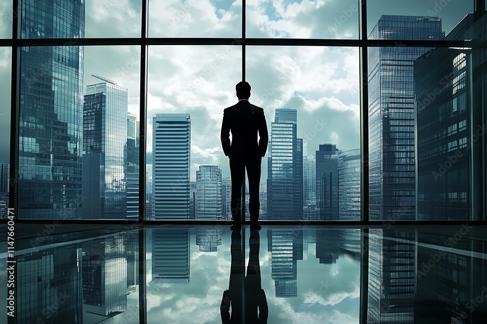 Businessman Contemplating Cityscape. Concept of Vision, Leadership, and Success. Businessman Contemplating Cityscape. Concept of Vision, Leadership, and Success.