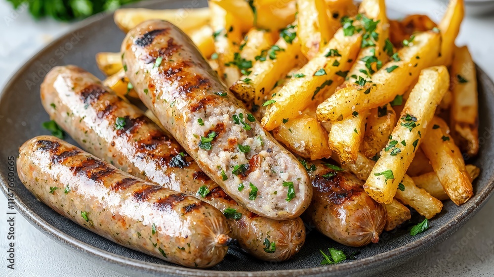 Grilled sausages and crispy fries on a plate. Grilled sausages and crispy fries on a plate.