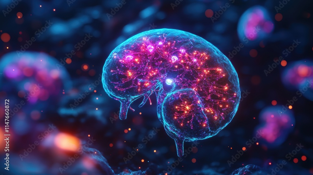 A mesmerizing depiction of a glowing biological brain in vivid colors, showcasing the intricate network of neurons and synapses in a futuristic style A mesmerizing depiction of a glowing biological brain in vivid colors, showcasing the intricate network of neurons and synapses in a futuristic style