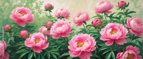 Fototapeta Naklejka Na Ścianę i Meble -  Beautiful pink peonies bloom in a lush garden during springtime