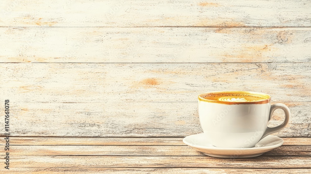 Obraz premium Coffee cup on rustic wooden table with copy space.