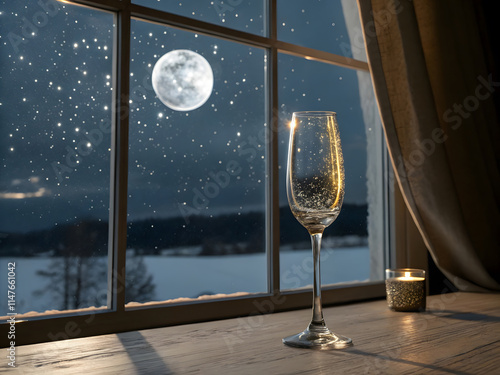 Champagne glasses placed by the window On a day when it's snowing photo