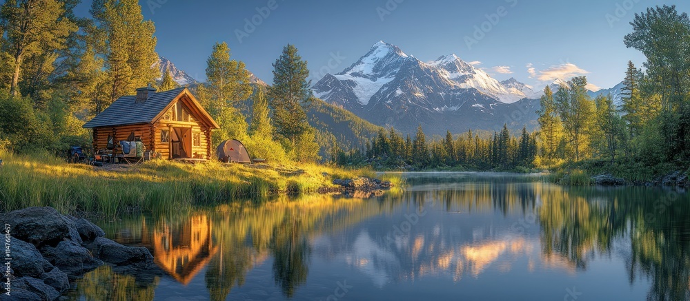 Fototapeta premium Cozy cabin by a tranquil lake reflecting majestic mountains at sunrise.