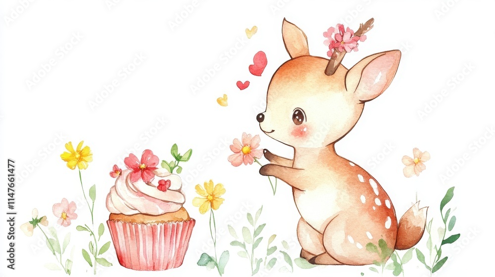 Obraz premium A cute deer interacting with a delightful cupcake surrounded by flowers, perfect for whimsical and playful themes.