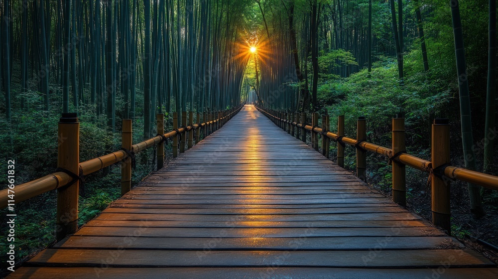 Fototapeta premium Sunlit bamboo forest path, wooden walkway.