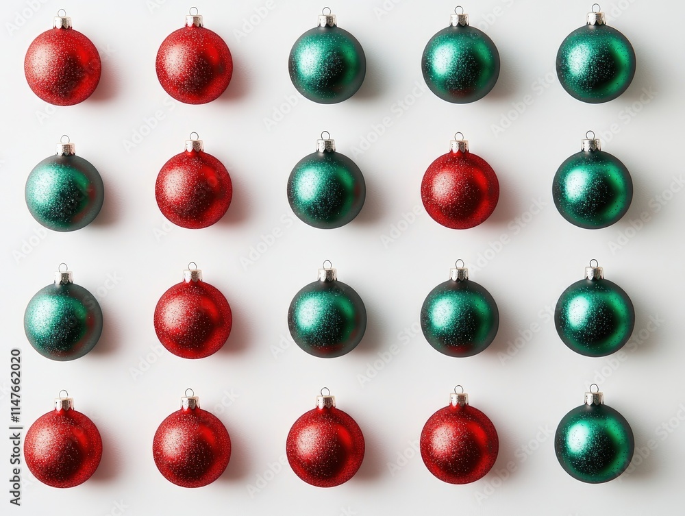 Neatly arranged red and green Christmas ornaments for festive holiday decoration ideas Neatly arranged red and green Christmas ornaments for festive holiday decoration ideas
