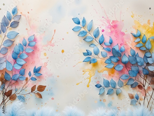 Watercolor Background with Blue and Brown Leaves and Abstract Splashes of Color photo