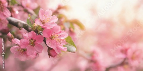 Closeup of blooming pink flower branch with fivepetal blossoms and green leaves in a peaceful garden setting. photo