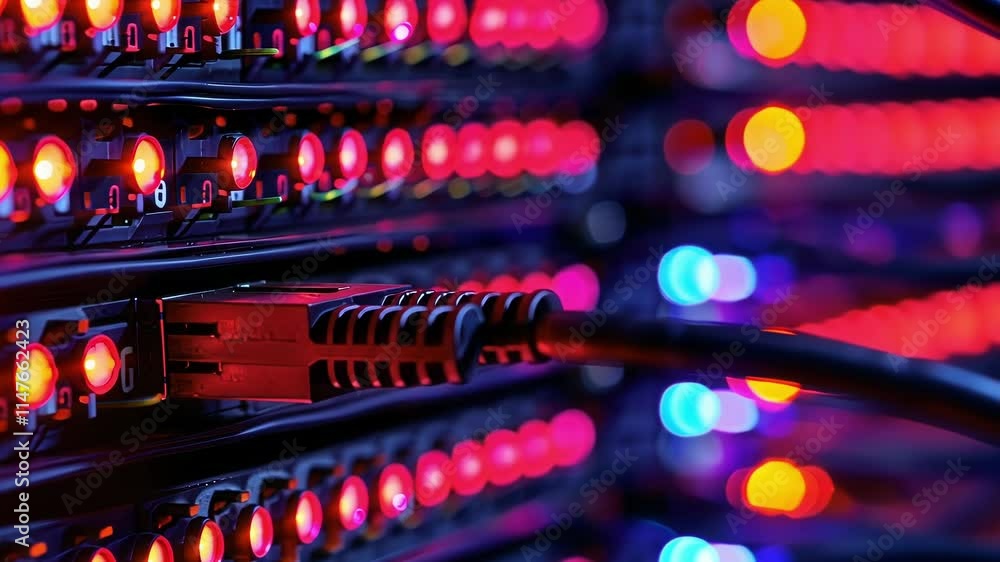 Red network cable is being plugged into server rack with flashing red lights in a dark data center, creating a futuristic technological atmosphere Red network cable is being plugged into server rack with flashing red lights in a dark data center, creating a futuristic technological atmosphere