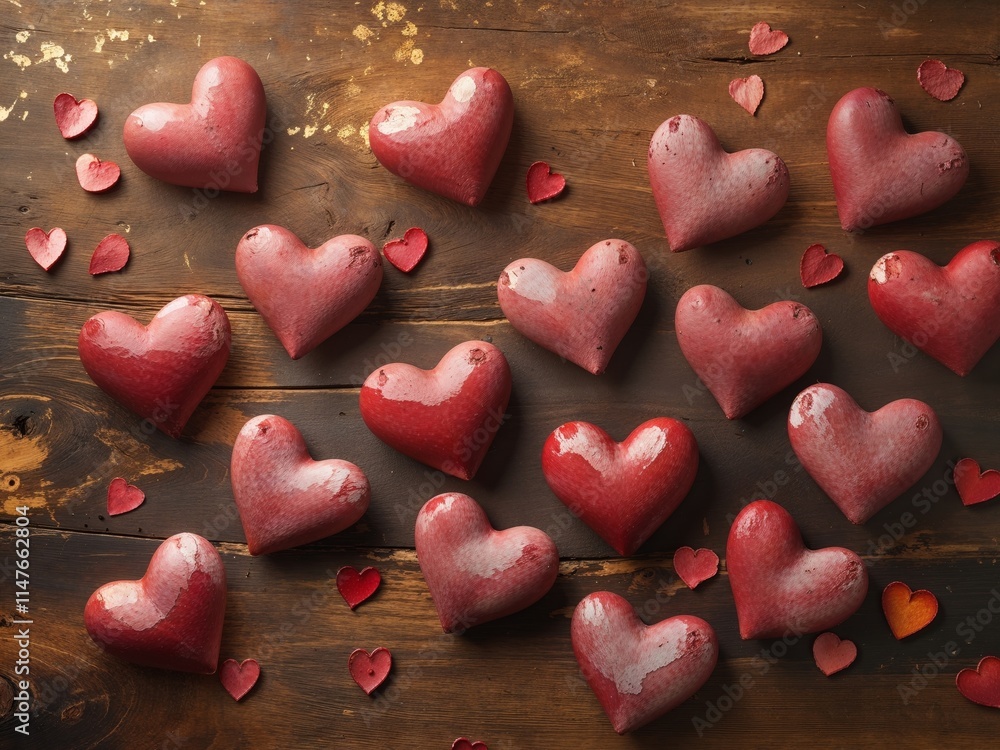 Fototapeta premium Soft Red Hearts on a Wooden Surface Celebrating Love and Affection