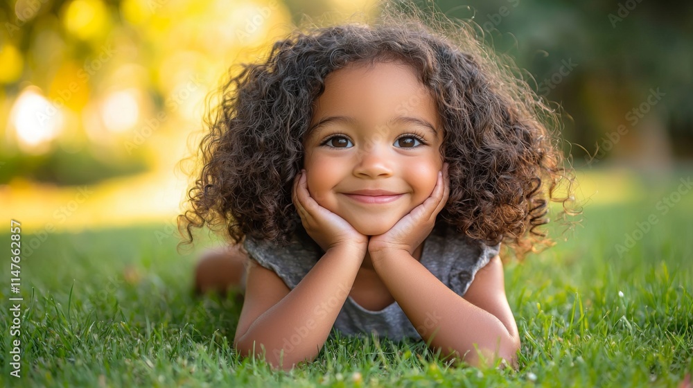 A cheerful child with curly hair smiles while lying on green grass, surrounded by a soft, natural background, capturing a moment of joy and innocence. A cheerful child with curly hair smiles while lying on green grass, surrounded by a soft, natural background, capturing a moment of joy and innocence.
