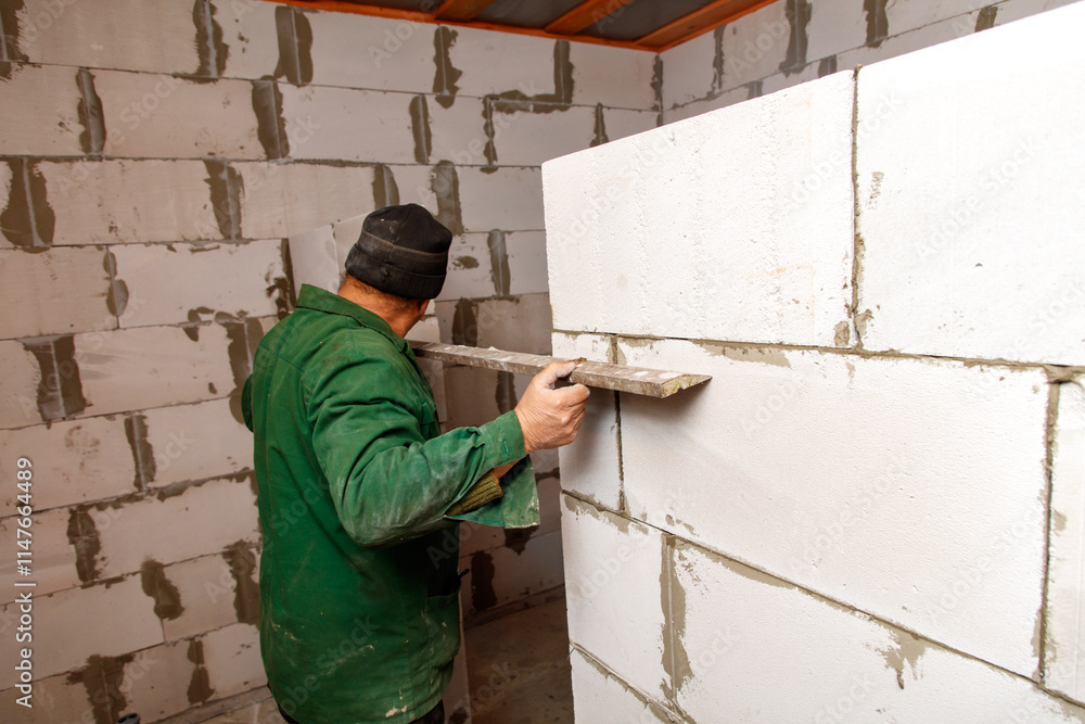 A man is working on a wall with a trowel A man is working on a wall with a trowel