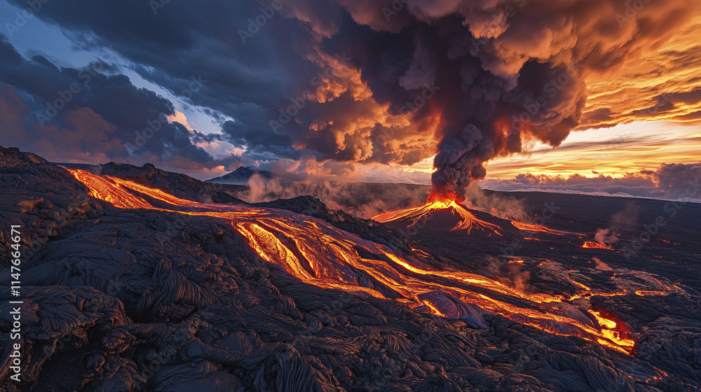 Fototapeta premium Erupting volcano with glowing lava flows and dramatic clouds at sunset