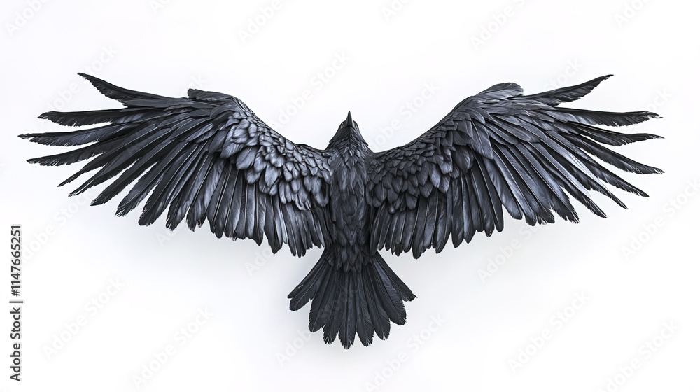 Obraz premium Majestic black bird with wide wings spread, showcasing intricate feathers