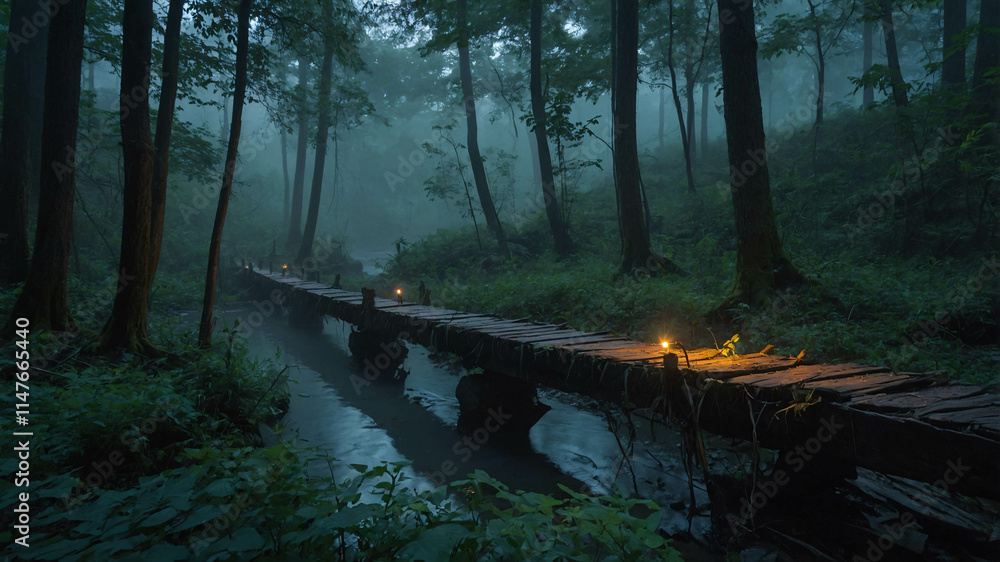 Fototapeta premium Calm and peaceful nature scene with a foggy river lush grass and tall trees creating a tranquil atmosphere in the forest