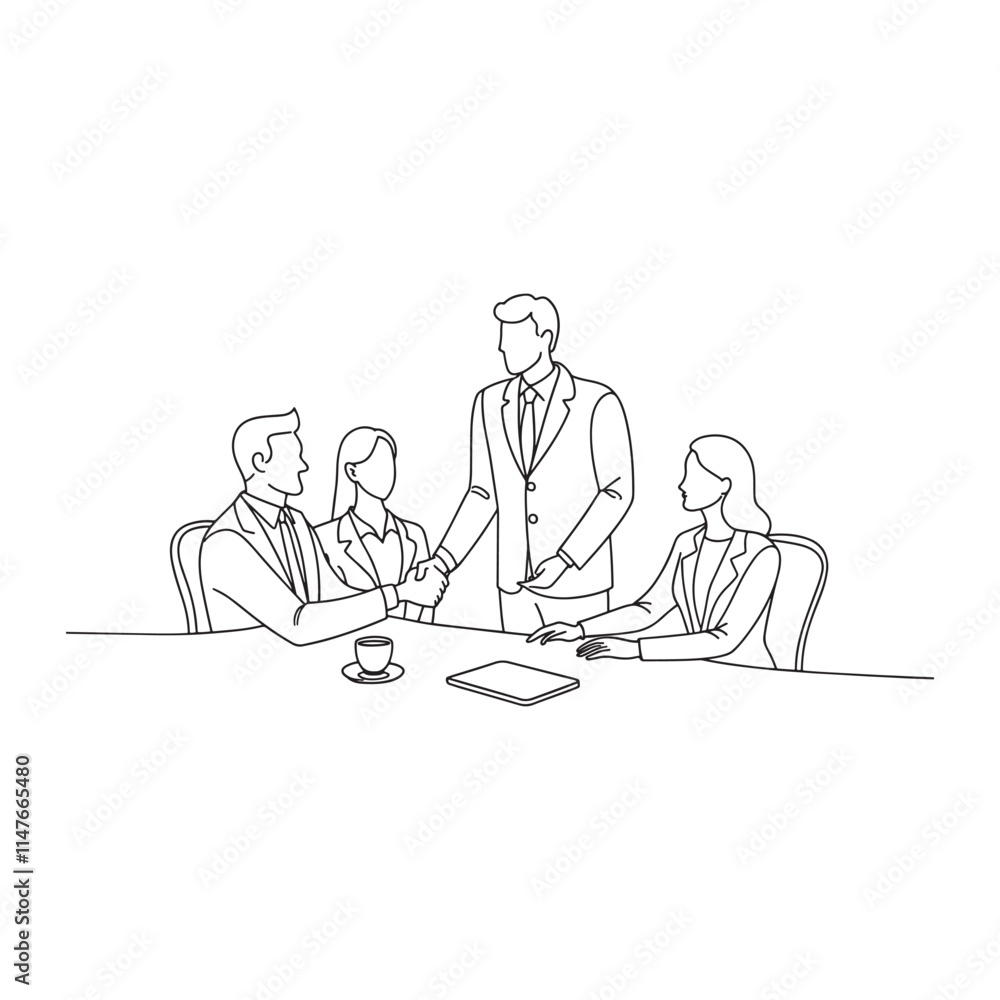 Business people shaking hands during meeting Continuous line art flat vector illustration Business people shaking hands during meeting Continuous line art flat vector illustration