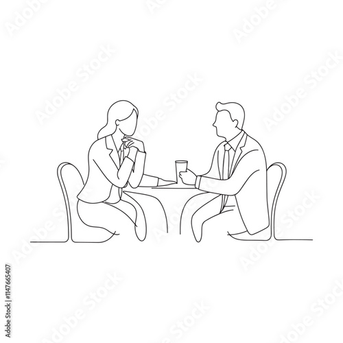Business conversing at a table, illustrating a moment of dialogue and connection between them Continuous line draw Full length single line animation