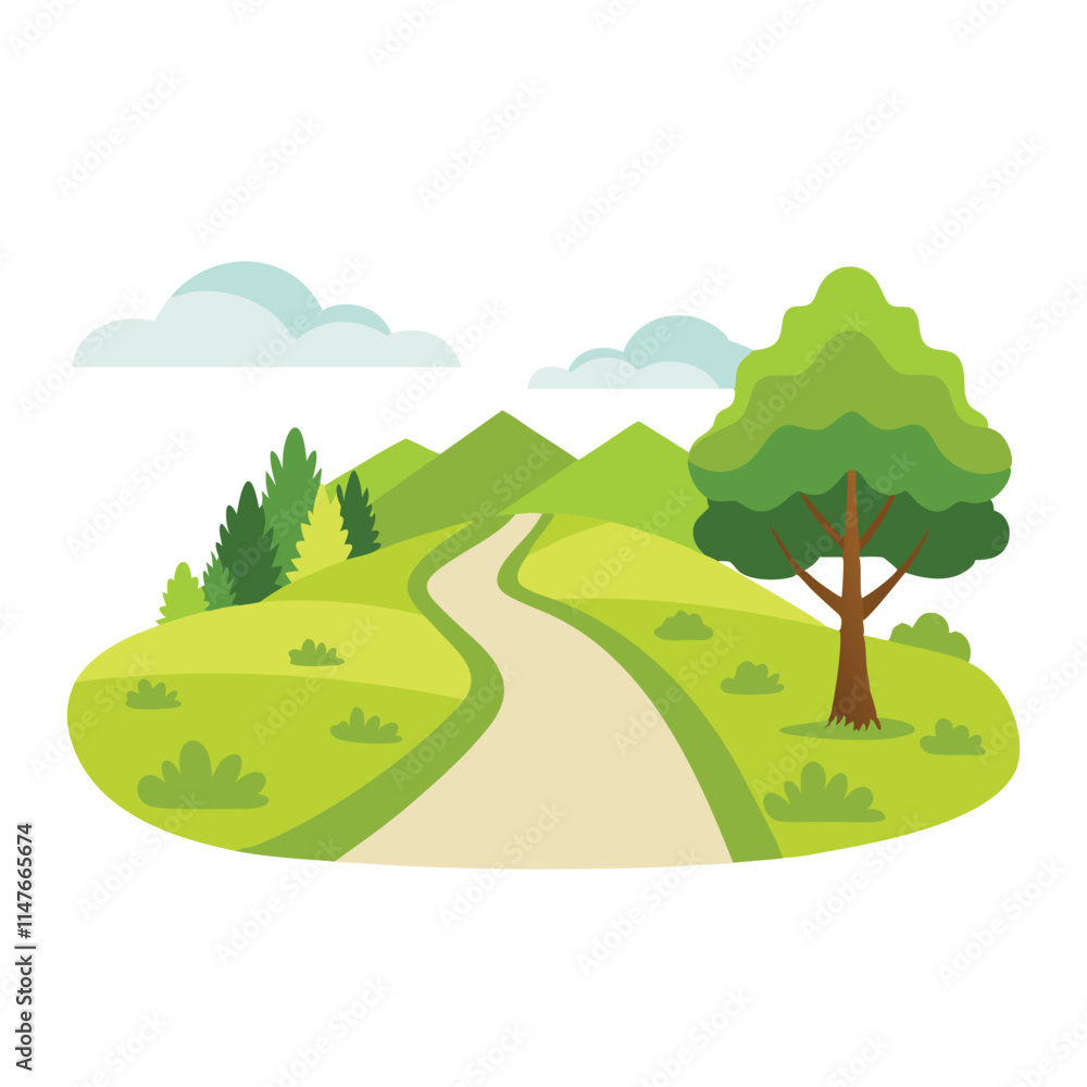 Countryside road in lush grassy landscape isolated flat vector illustration on white background Countryside road in lush grassy landscape isolated flat vector illustration on white background